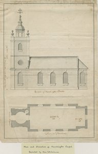 Marchington Church - Vnější pohled a plán interiéru: kresba perem, nd [?polovina 18. století] (kresba) od School English