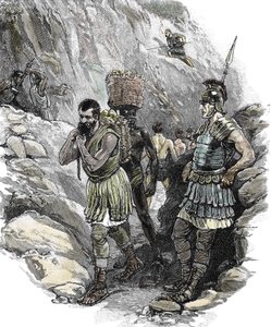 Římský legionář dohlíží na anglosaské dělníky v cínových dolech, Anglie 50 n. l. (tisk) od School English