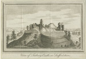 Hrad Tutbury - East View: rytina, nd [1731] (tisk) od School English