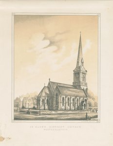 Wolverhampton - Kostel sv. Marka: tónovaná litografie, nd [?polovina 19. století] (tisk) od School English