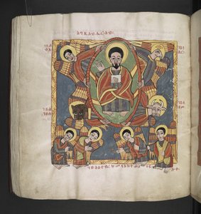 Nebo. 481, f.110v   Boha Otce, obklopeného cherubíny a adorujícími anděly.   Octateuch, Evangelia a Církevní díla.  Etiopský rukopis.  Konec 17. století
