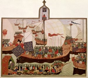 Harley 4379 f.60v Expedice vévody z Bourbonu do Barbary, popravená Jeanem Froissartem (asi 1333-c.1404) v Paříži pro francouzského historika Philipa de Commines (1445-1509) (faksimile) od School French