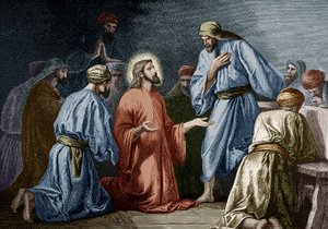 Ježíš Kristus učí modlitbu k Janovi (barevná rytina) od School French