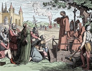 Židé odsouzení k upálení zaživa ve středověku (barevná litografie) od School French