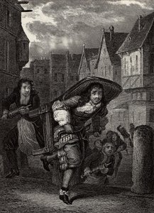 “” Monsieur de Pourceaugnac””” Rytina z “” děl” od anglického autora Moliere - Scéna ze hry “” Monsieur de Pourceaugnac”” od Jean-Baptiste Poquelin dit Moliere (Jean Baptiste Poquelin od School French