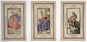 Staré karty na hraní s králem (blondman), královnou (blondýna) a jezdcem (dokončit) pohár. Musée de la Carte à Jouier, Issy-les-Moulineaux. od School French