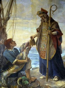 St Pol de Leon dostává rybou na ostrově Batz zvon, který mu král Marek odmítl v Ouessant, v. 530 - obraz kostela Morlaix od School French