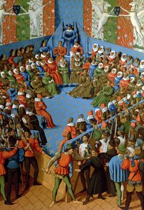 Verdikt nad Jeanem, vévodou z Alenconu, obviněným ze spiknutí s Angličany proti Francouzům, faksimile rukopisu Jeana Fouqueta z 15. století (barevné litho) od School French