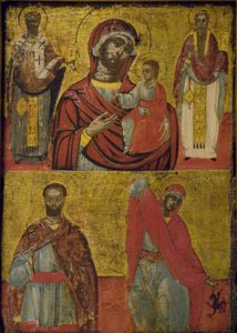 Madonna, dítě a svatí (tempera na dřevěné desce)