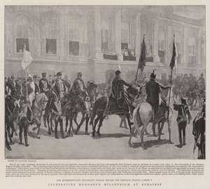 Oslava maďarského milénia v Budapešti (litho) od School Hungarian