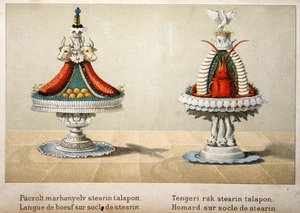 Design pro prezentaci volského jazyka na stearinovém lůžku a pro humra, ilustrace z maďarské kuchařské knihy o francouzské kuchyni, kolem roku 1880 (barva litho) od School Hungarian