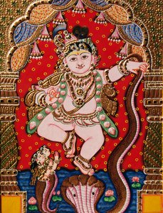 Reliéfní malba Lorda Bal Krišny Tanjore od School Indian