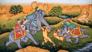 Lov tygrů na miniaturní malbě na papíře od School Indian
