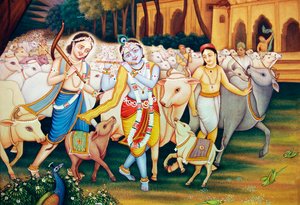 Krišna a Balram s miniaturou Gopala od School Indian