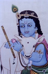 Pán Bal Krišna s krávou v miniaturní malbě na papíře od School Indian