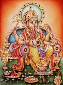 Miniaturní malba Lorda Ganeshe Ganpatiho na slonovině od School Indian