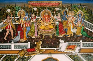 Pán Ganéš Ganpati s Brahmou, Višnuem, Šivou, Durgou, miniaturní malba na papíře od School Indian