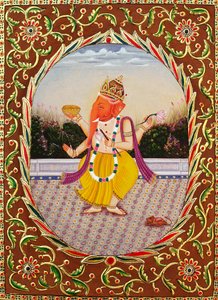 Pán Ganéša Ganpati Miniatura malba na papíře s výšivkou od School Indian