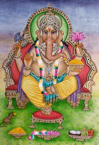Pán Ganéša Ganpati v miniaturní malbě na papíře od School Indian