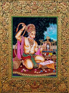 Miniaturní malířský papír Lord Hanuman se zlatým reliéfem od School Indian