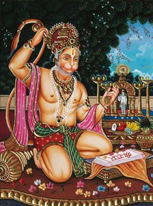 Miniaturní malba Lorda Hanumana na papíře od School Indian