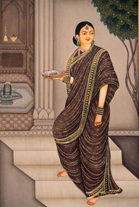 Marathi Lady jít do chrámu miniatura malba na papíře od School Indian