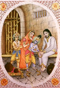 Miniaturní malba Krišny Balrama a Devaki Vasudévy na slonovině od School Indian