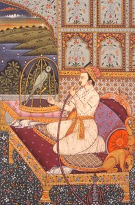 Miniaturní malba mughalského prince užívajícího si vodní dýmku, Indie od School Indian
