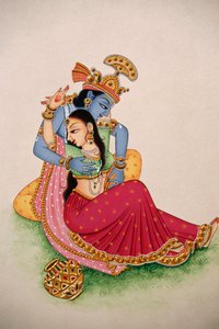 Miniaturní malba na papíře Rádha Krišna od School Indian