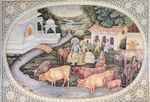 Miniatura dojičky Krišny sedící na poli s dobytkem (akvarel na slonovině) od School Indian