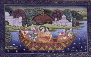 Mughalská miniatura malba na papíře, král milostné scény a užívání si hudby ve člunu od School Indian