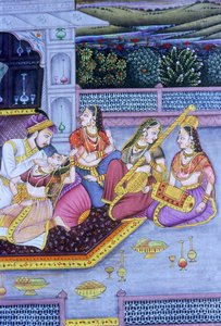 Mughalská miniatura na papíře, milostná scéna od School Indian