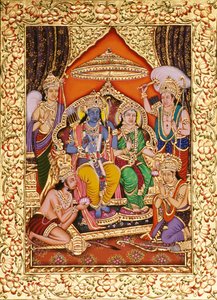 Ram Darbar v miniaturní malbě na papíře se zlatým reliéfem od School Indian