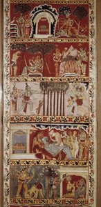 Scény Rámájany, epická báseň složená v 6. století Valmiki a vyprávějící legendu o Rámovi. Západní Bengálsko. Viktoriská a Albertova knihovna. Londýn od School Indian