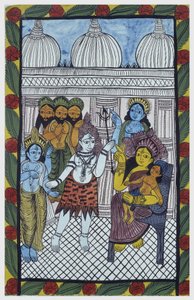 Bohové přicházejí obdivovat Krišnu, ztělesněného v těle krásného dítěte, Ganéši (Ganesh nebo Ganapati) sedícího na kolenou své matky Parvati. Pat: malovaná rulička oblasti Bengálska, sloužící jako narativní médium pro zpěváky Baoul (Baul). Leonard de od School Indian