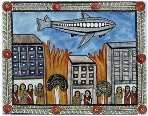 Příběh o útocích z 11. září 2001 vyprávěný obchodníky Baul z Bengálska. Obraz, série, číslo 6/9, Bengálsko. od School Indian