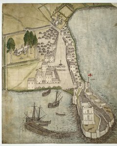 Hrad a město Carrickfergus, Irsko, cca 1560 (pero, inkoust a akvarel na papíře)