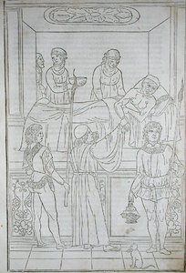 Lékař na návštěvě u pacienta, z „Fascilulus Medicinae“ od Johannese de Ketham (d.c.1490) 15.–16. století (dřevořez) od School Italian