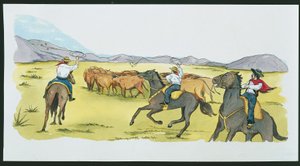 Argentina - Gauchos shromažďující dobytek v Pampách (barva litho) od School Italian