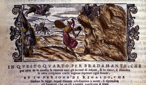 Bradamante roztrhne Brunelovi její okouzlující prsten, díky kterému zradí moc Atlanty a vydá Rogera (Ruggero, Ruggiero), scéna rytířské básně „Orlando Furioso“ (Zuřivý Roland) od Ludovica Ariosta (1474 - 1533) dit L „Ariote, zpěv I od School Italian