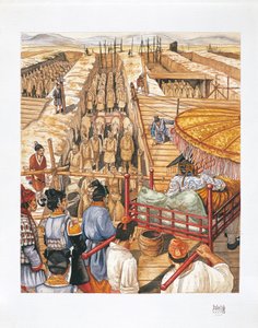 Budova mauzolea císaře Qin Shi Huang-Ti, 3. století před naším letopočtem (barevné litho) od School Italian