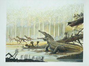 Rutiodon s Fabrosaurem v pozadí, období triasu (barevné lito) od School Italian