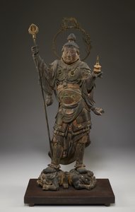 Bishamonten (Vaisravana, Strážce severu) (polychromované dřevo s křišťálem, zlatými listy a kovem) od Japanese School