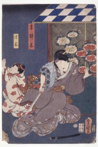 Dítě Someki Prosba; Matka padající zpět s mečem (barevný dřevoryt) od School Japanese