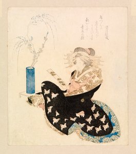 Kurtizána čte tanzaku (barevný dřevoryt) od School Japanese