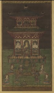 Horokaku Mandara: Buddha a doprovodná božstva, období Heian (barva a zlato na hedvábném panelu) od Japanese School