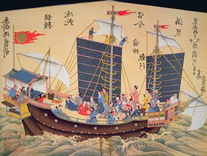 Japonská obchodní loď z 18. století (dřevotisk) od School Japanese