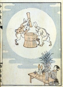 Japonec v modlitbě a králíci na měsíci buší rýžový prášek - japonský tisk od Japanese School