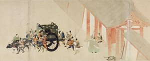 Ilustrovaný příběh občanské války, Imperial Visit to Rokuhara (Illustrated Tale of The Civil War, The Imperial Visit to Rokuhara) – Anonymní dílo, akvarel a inkoust na papíře, druhá role od School Japanese