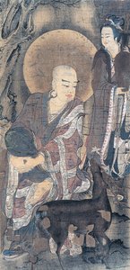 Náboženský obraz zobrazující mladého mnicha s laní, malba na hedvábí, japonská civilizace, období Heian, 794-1185 od School Japanese